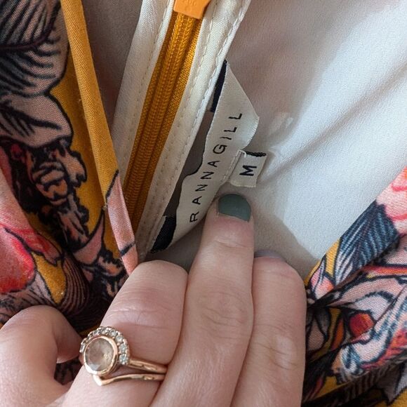 Anthropologie Ranna Gill Ruched Floral Minu Ruffle Yellow Puff Sleeve Size M - Picture 8 of 11